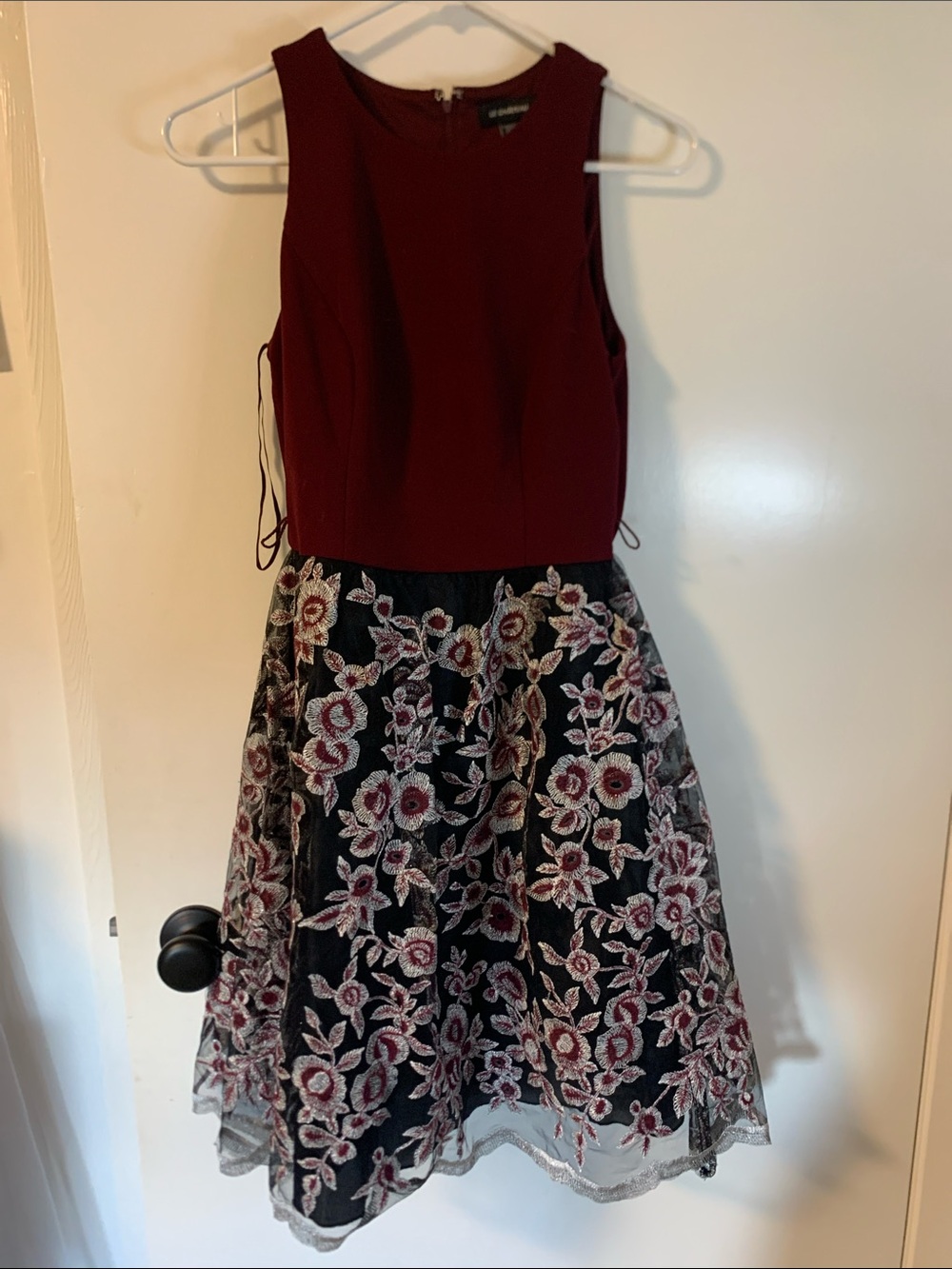 le chateau Burgundy and Black Floral A‑Line Dress
